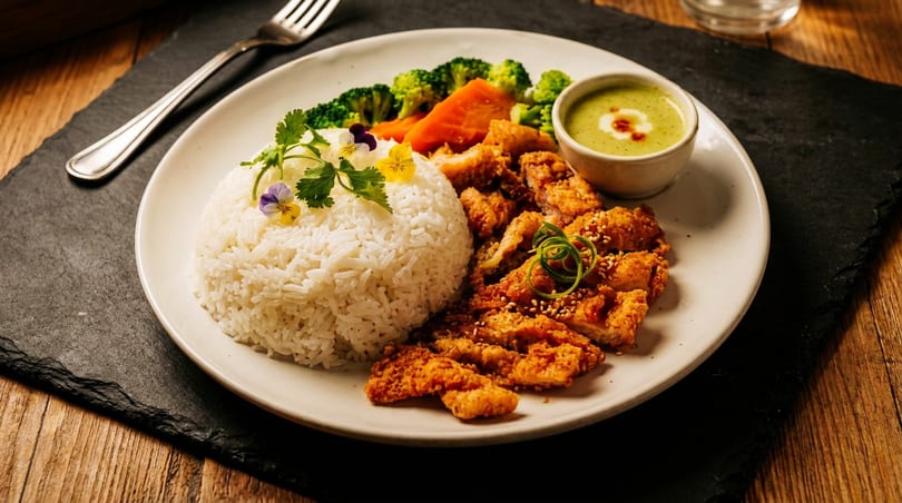 Crispy chicken with rice, broccoli, carrots, and green sauce on a white plate.
