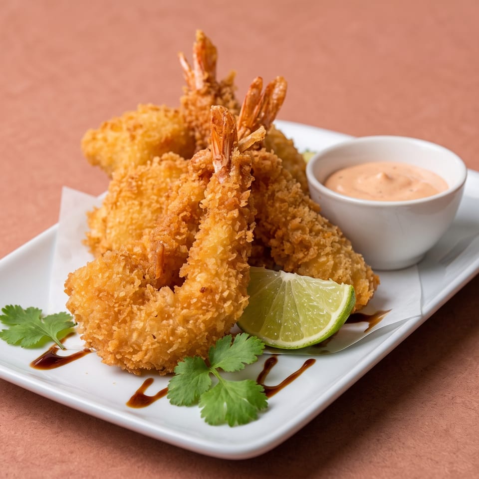 Crispy fried shrimp on a white plate with dipping sauce, lime, and cilantro.