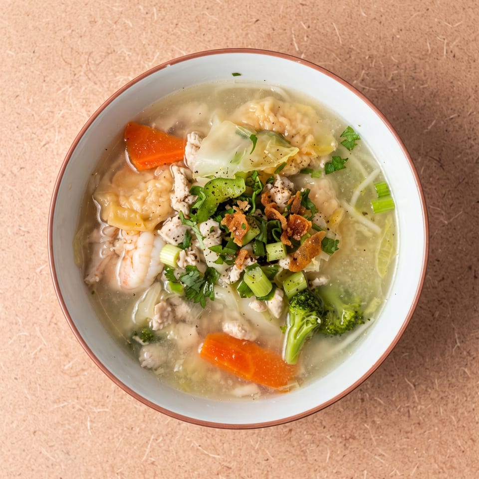 Clear noodle soup with shrimp, pork, wontons, carrots, broccoli, green onions, and fried shallots.