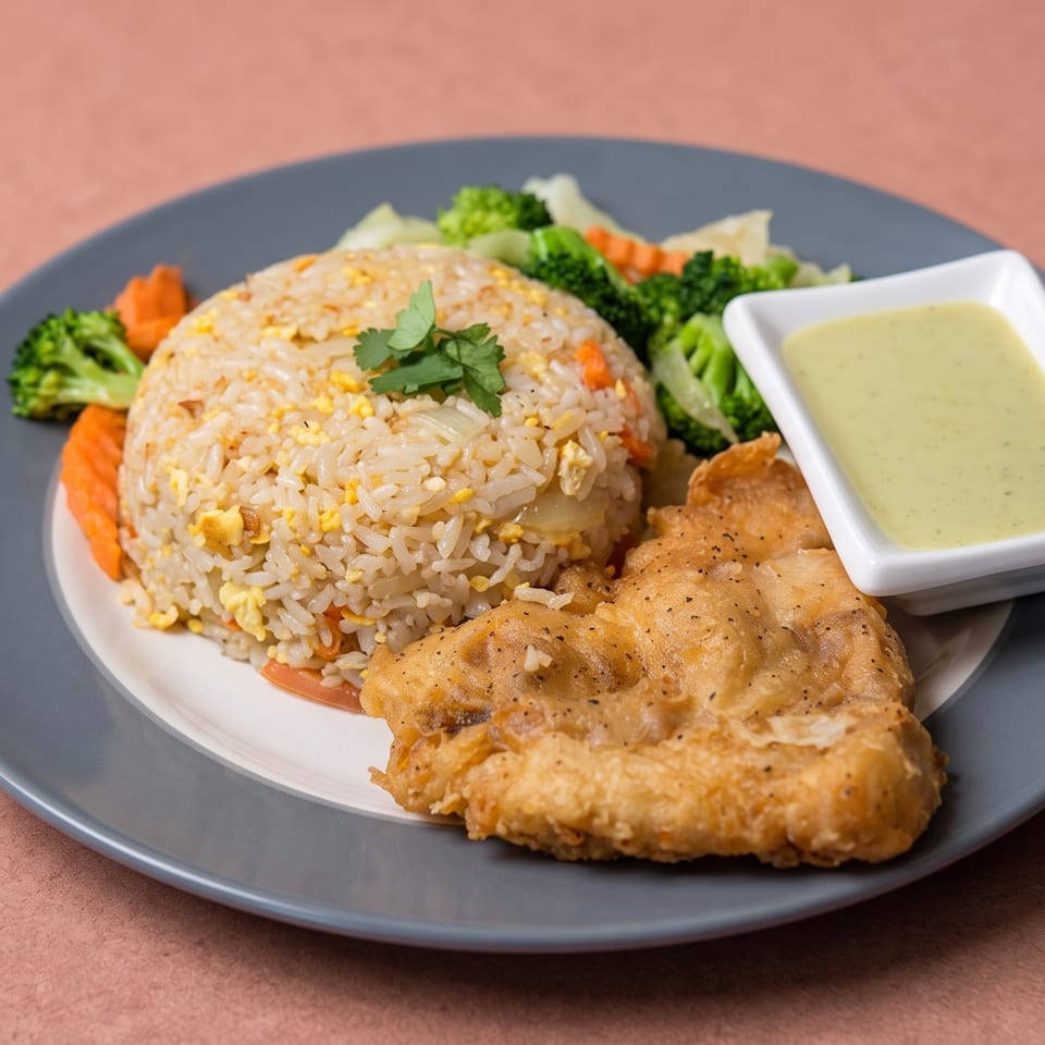 Fried rice, crispy fish, steamed vegetables, and green sauce on a grey and white plate.