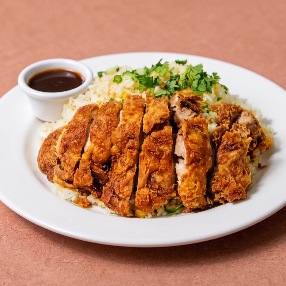 Sliced fried chicken and rice with green herbs and a side of dark sauce on a white plate.