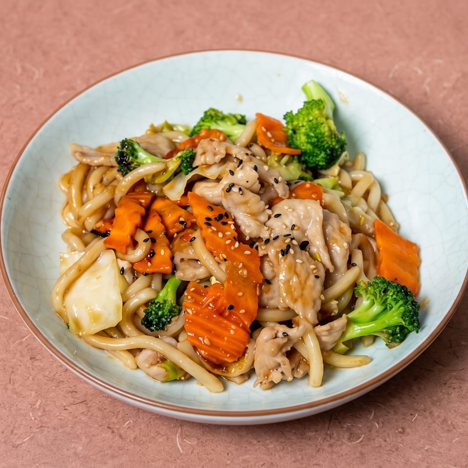 Udon noodles with chicken, broccoli, and carrots, topped with black and white sesame seeds in a light sauce.
