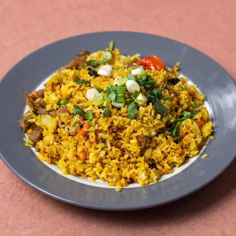 Golden fried rice with beef, vegetables, and fresh herbs on a grey plate.