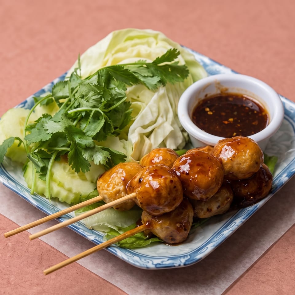 Glazed meatballs on skewers with fresh cilantro, cucumber, cabbage, and a side of dipping sauce.