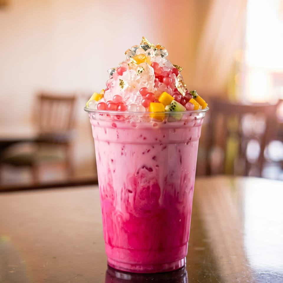Vibrant pink drink topped with shaved ice, colorful boba, diced fruit, and gold flakes.