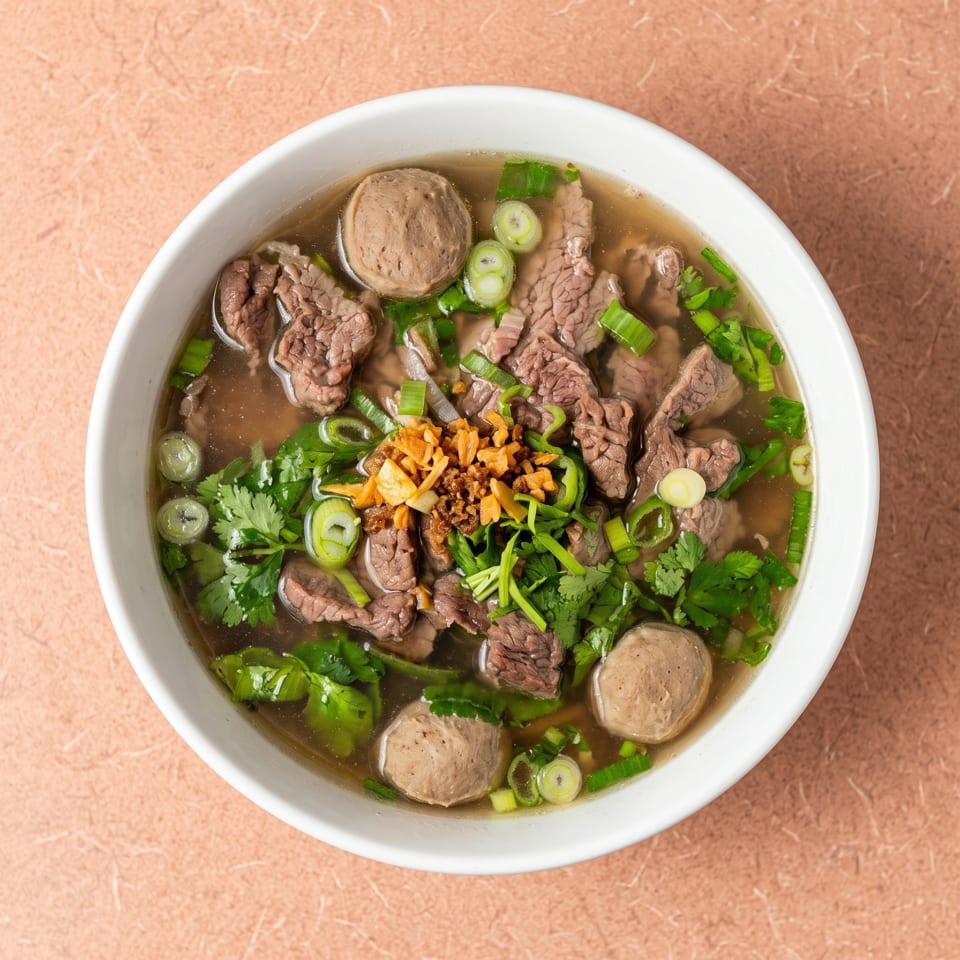 Beef noodle soup with meatballs, green onions, cilantro, and fried garlic in a white bowl.
