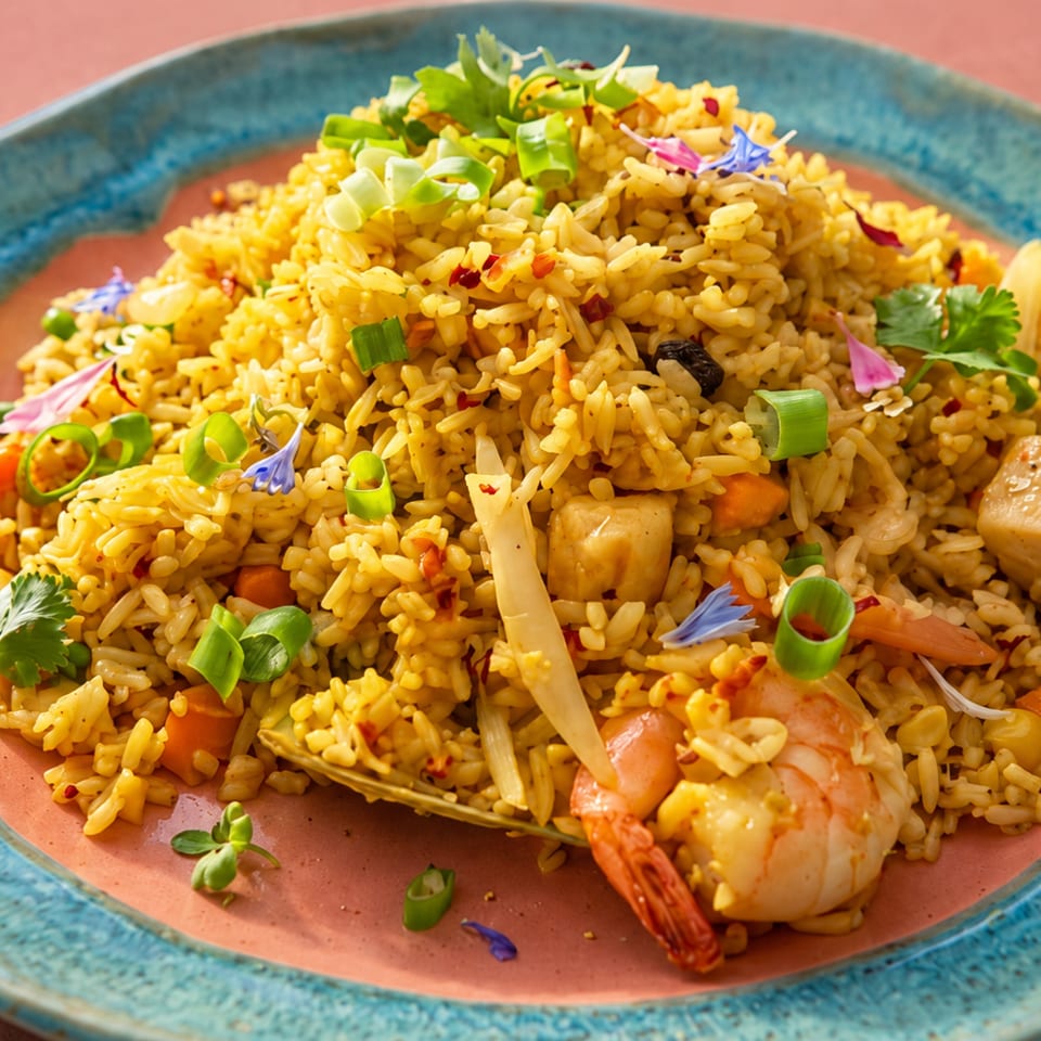 Golden fried rice with shrimp, tofu, vegetables, and edible flower garnishes on a blue and orange plate.