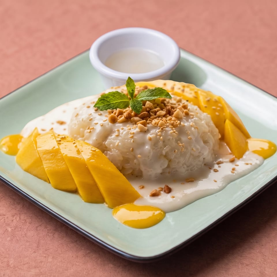 A plate of mango sticky rice with coconut milk, chopped peanuts, and a mint leaf.