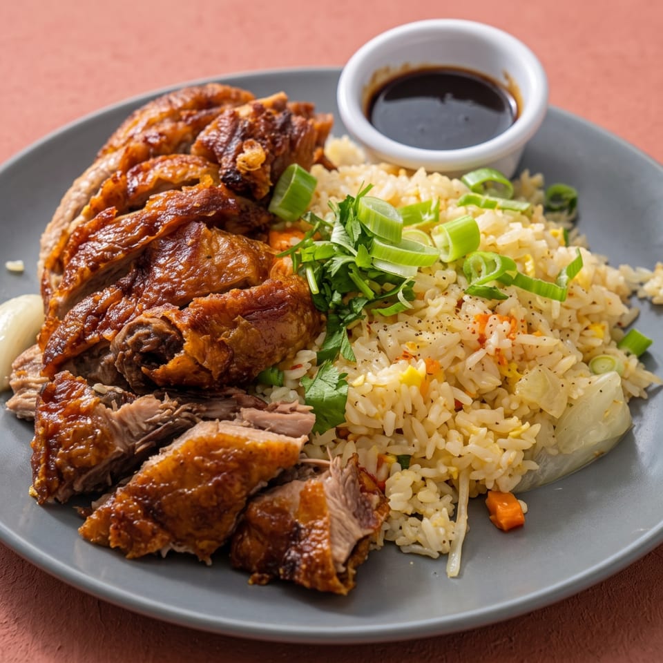 Sliced roasted duck with fried rice, green onions, and a side of dark sauce on a grey plate.
