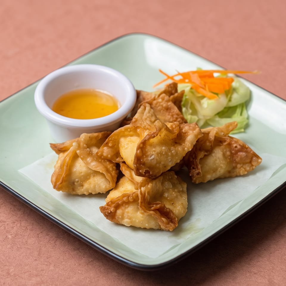 Golden fried wontons with dipping sauce and a small salad on a light green plate.
