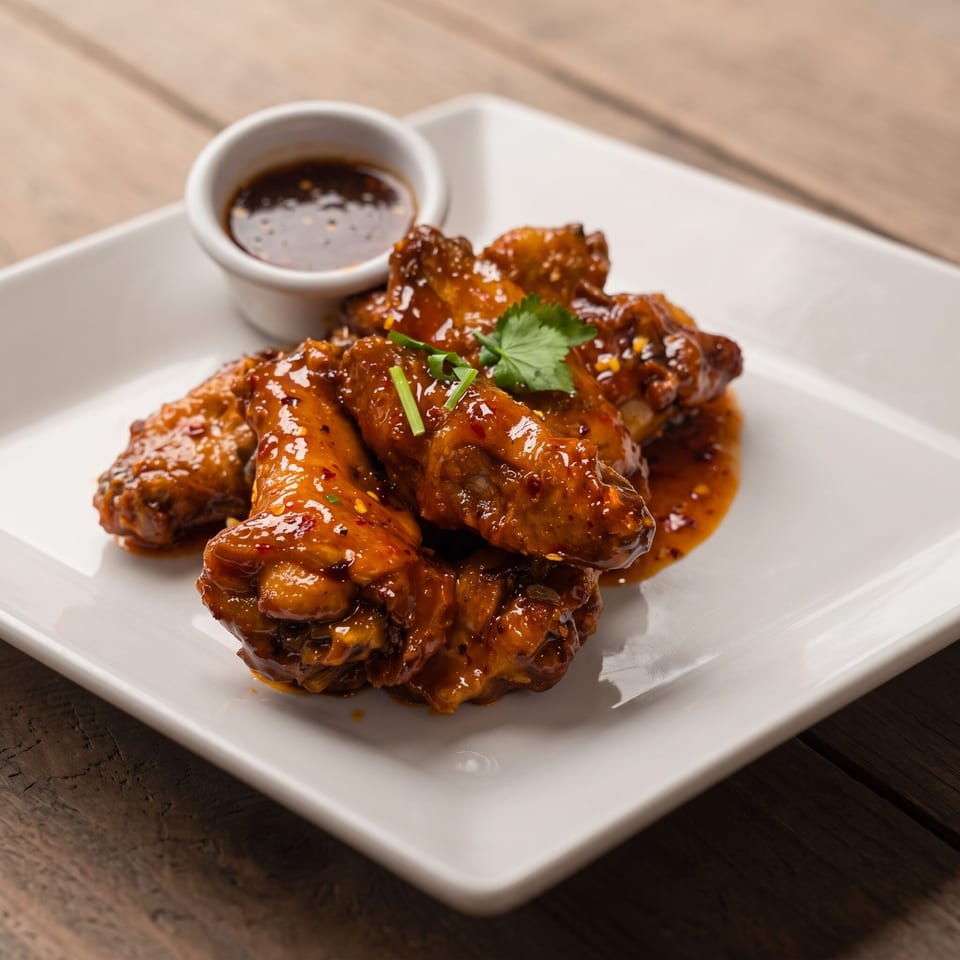 Sweet and spicy chicken wings with a side of dipping sauce on a white rectangular plate.