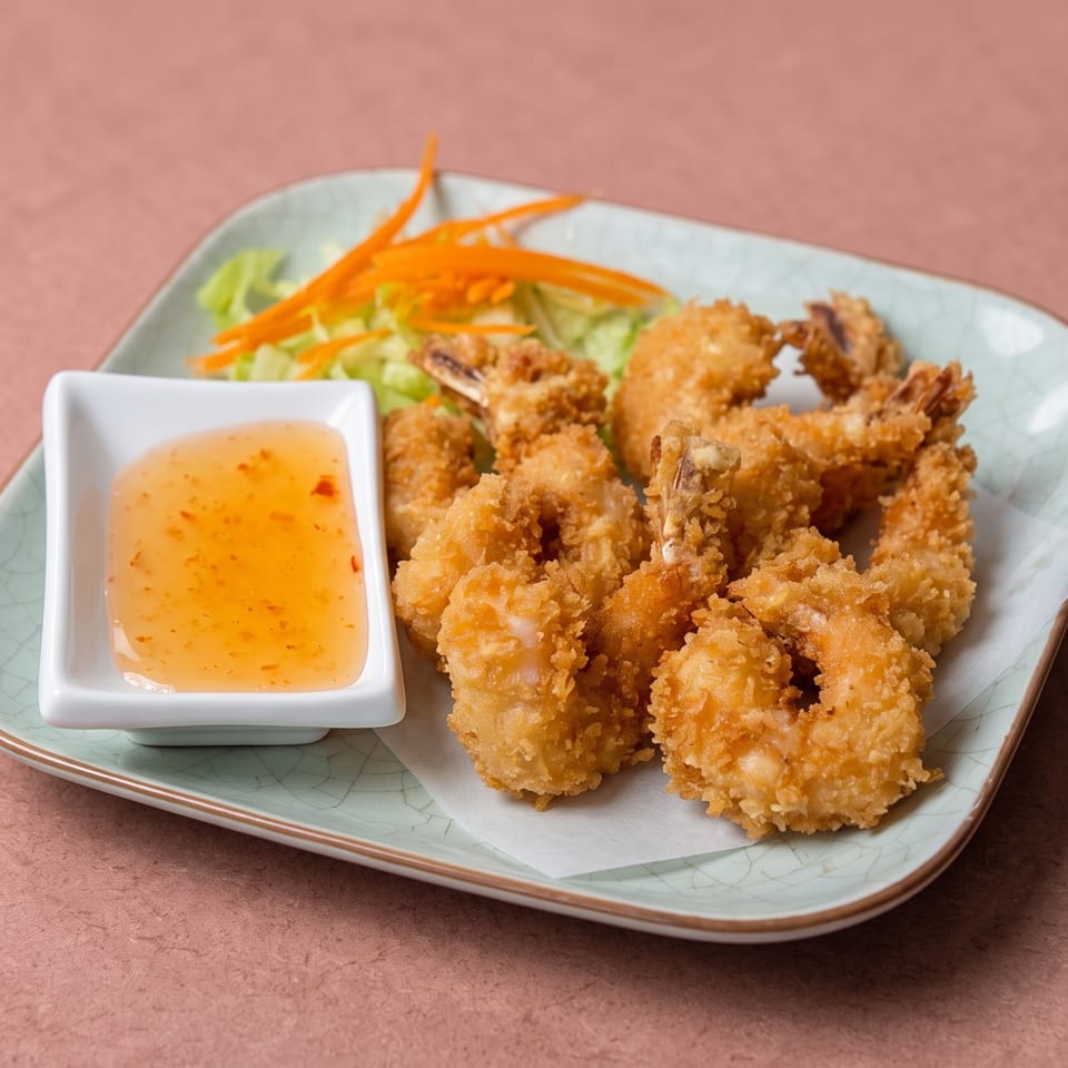 Golden fried shrimp with sweet chili sauce and fresh vegetable garnish on a decorative plate.